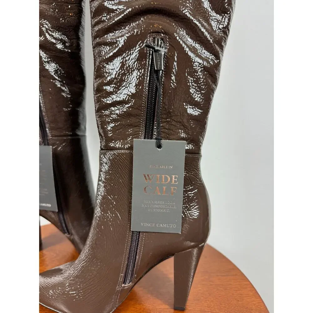 New Vince Camuto Minnada Wide-Calf Over-The-Knee Boot in Root Beer Patent Size 7